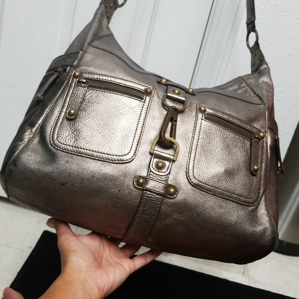 Authentic RAFE Large Leather Bag Color Btwn Metallic Bronze/Gunmetal Silver Gray